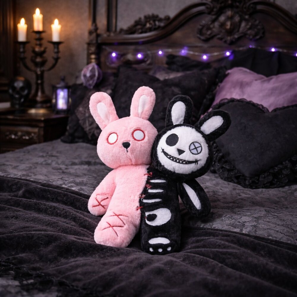 Gothic Split Bunny Plush – Pink & Black Creepy Cute Plush Decor (8”) - Picture 5 of 5